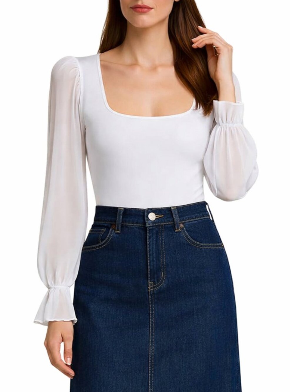 Mangopop Square Neck Long Ruffle Sheer Sleeve Bodysuit